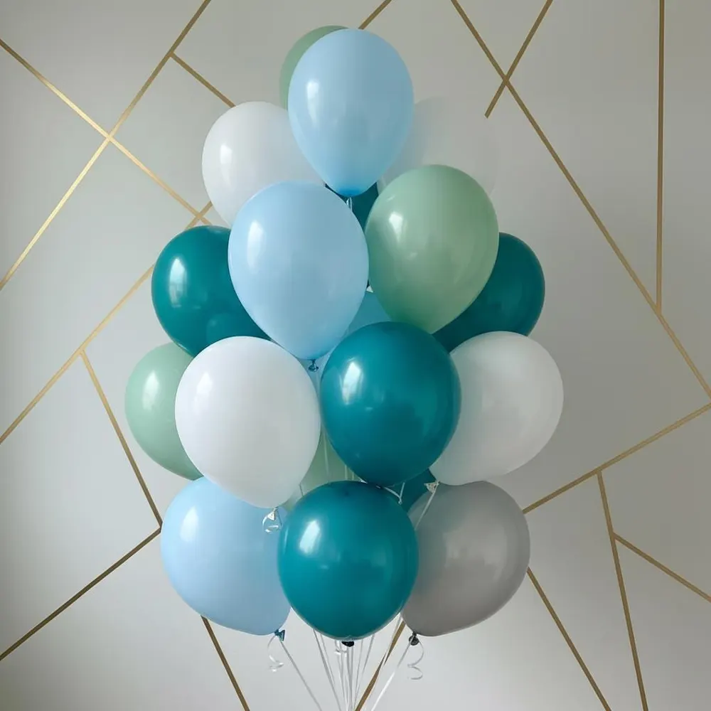 Sage Green Blue White Balloon Bouquet, photo 1