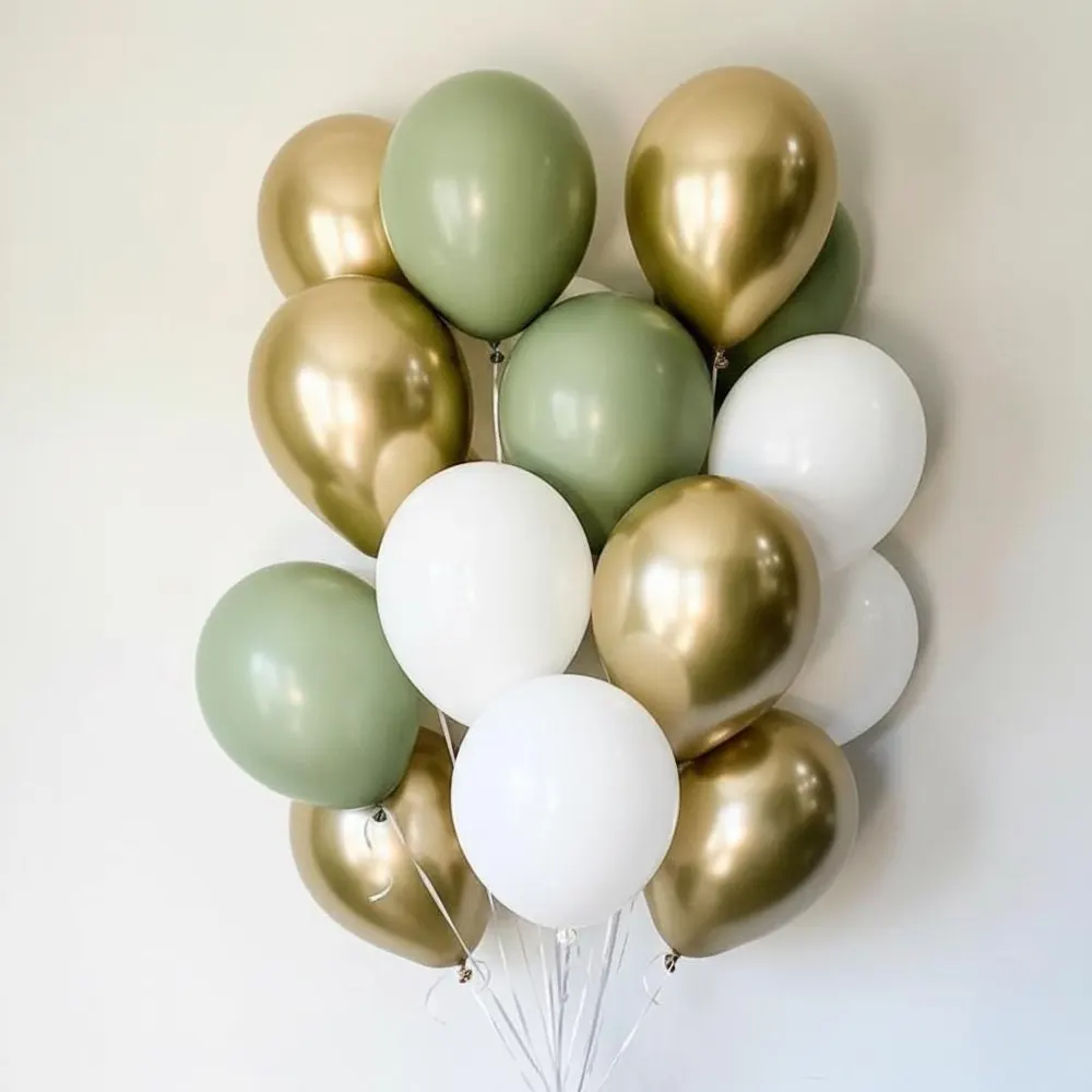 Sage Green Gold White Balloon Bouquet, photo 1